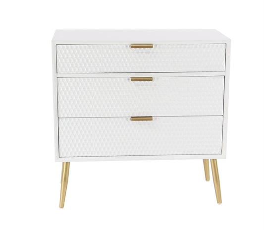 White 3-drawer cabinet with embossed honeycomb pattern and gold handles