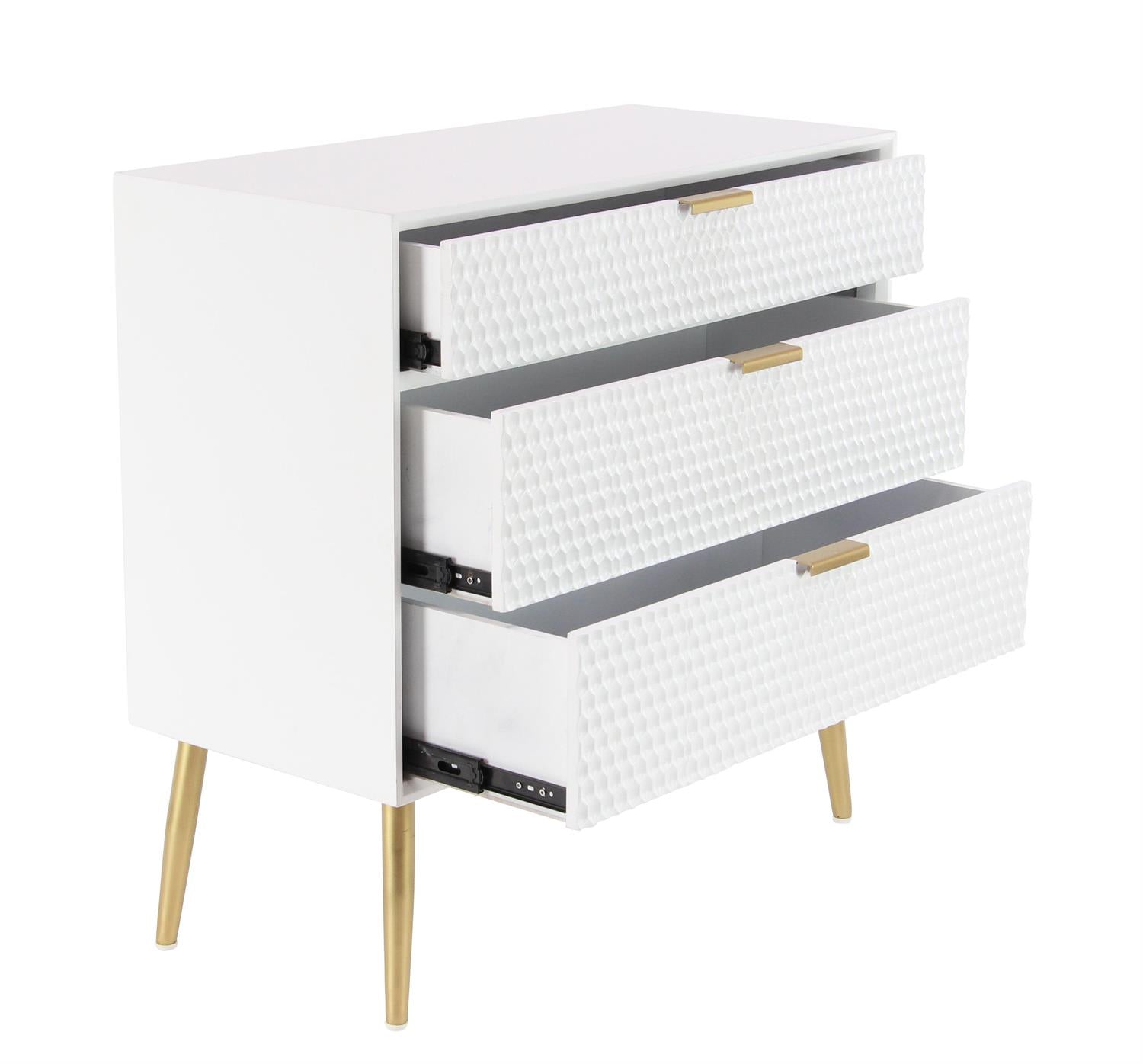 Embossed drawer front with slim gold bar handle on white cabinet