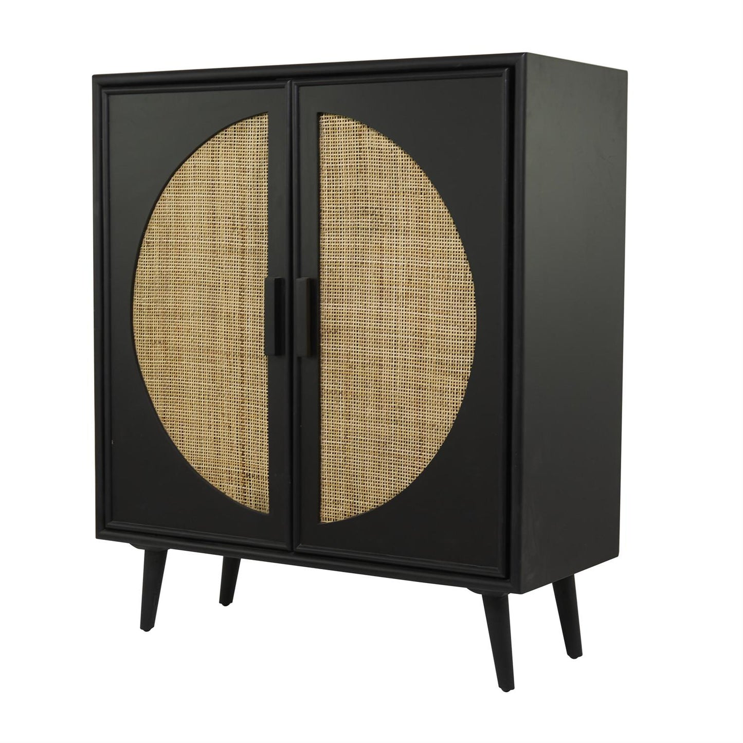 Bohemian-style cabinet with cane design styled in entryway with natural decor
