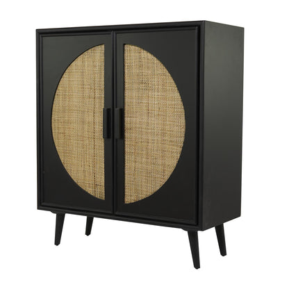 Bohemian-style cabinet with cane design styled in entryway with natural decor