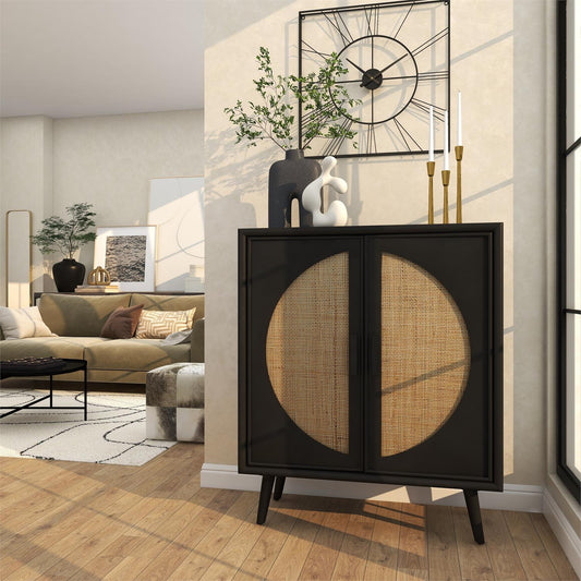 Bohemian-style cabinet with cane design styled in entryway with natural decor