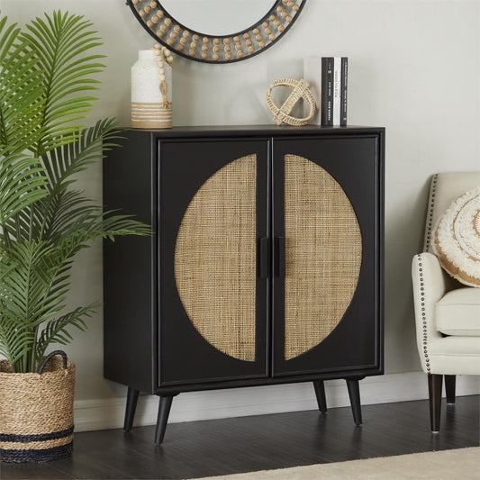 Angled view of black wood cabinet with woven rattan detail and rectangle handles