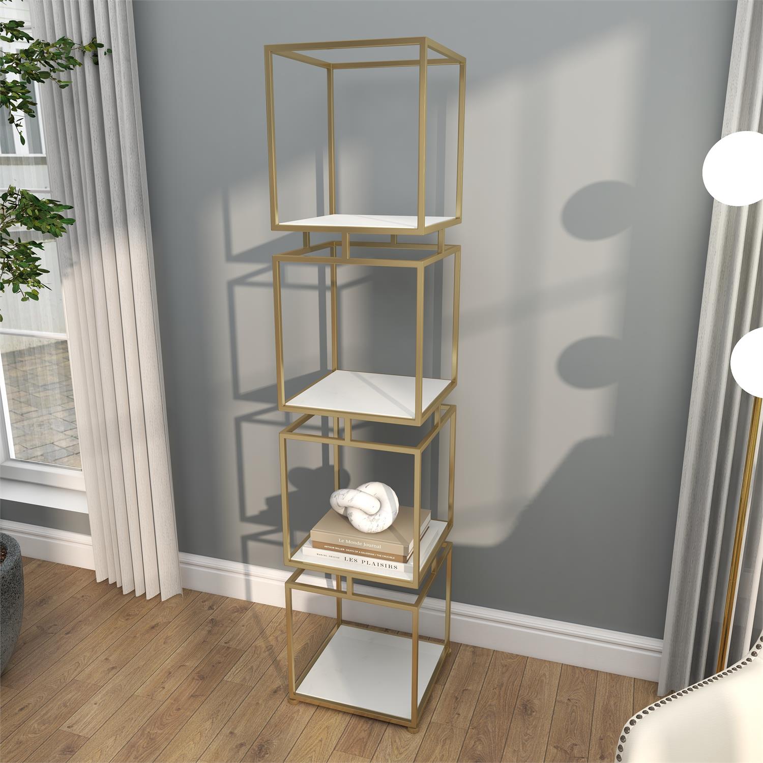 Minimalist cabinet with gold base styled in modern living space