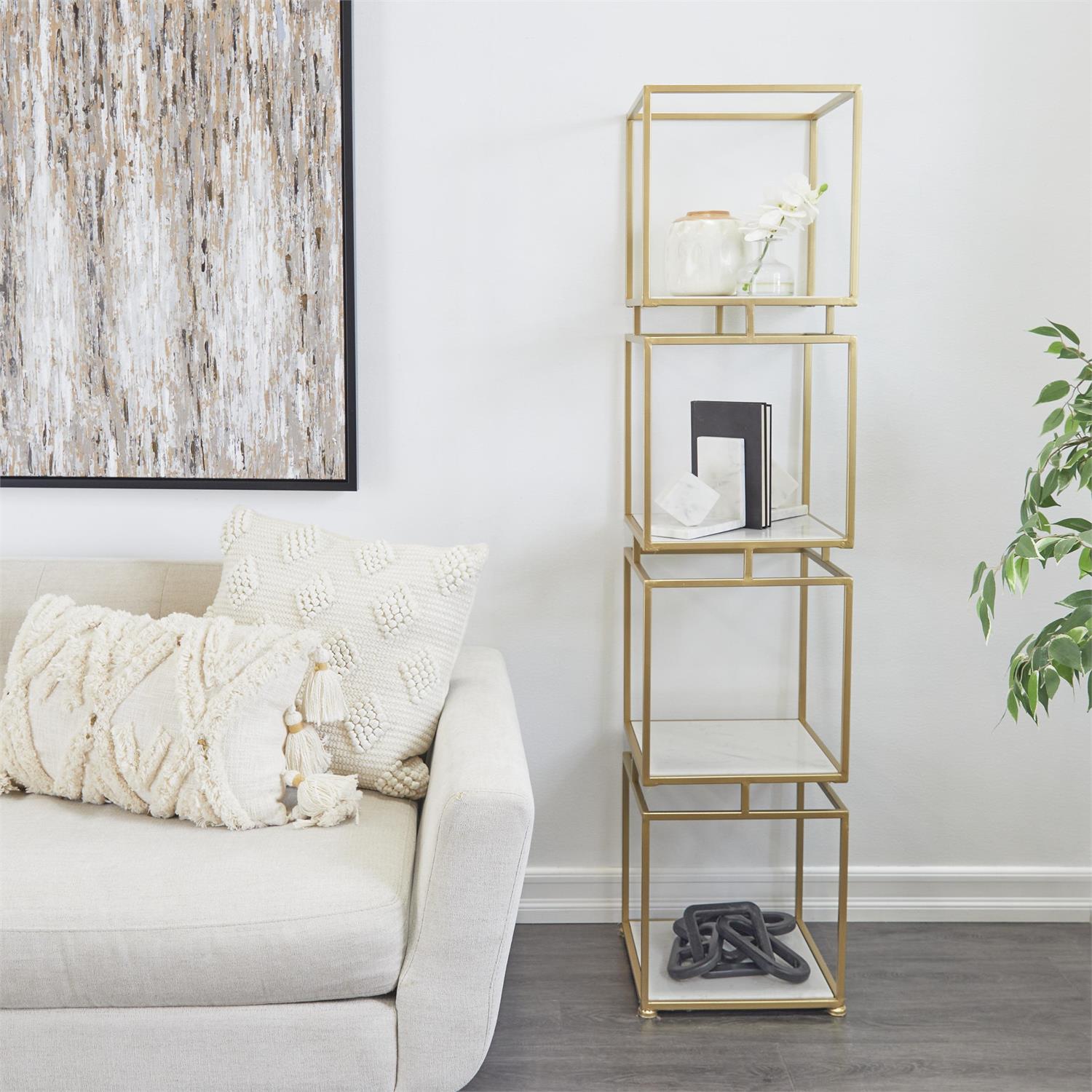 Gold Cube Shelf with Marble Tiers – 4-Level Modern Glam Storage, 62"