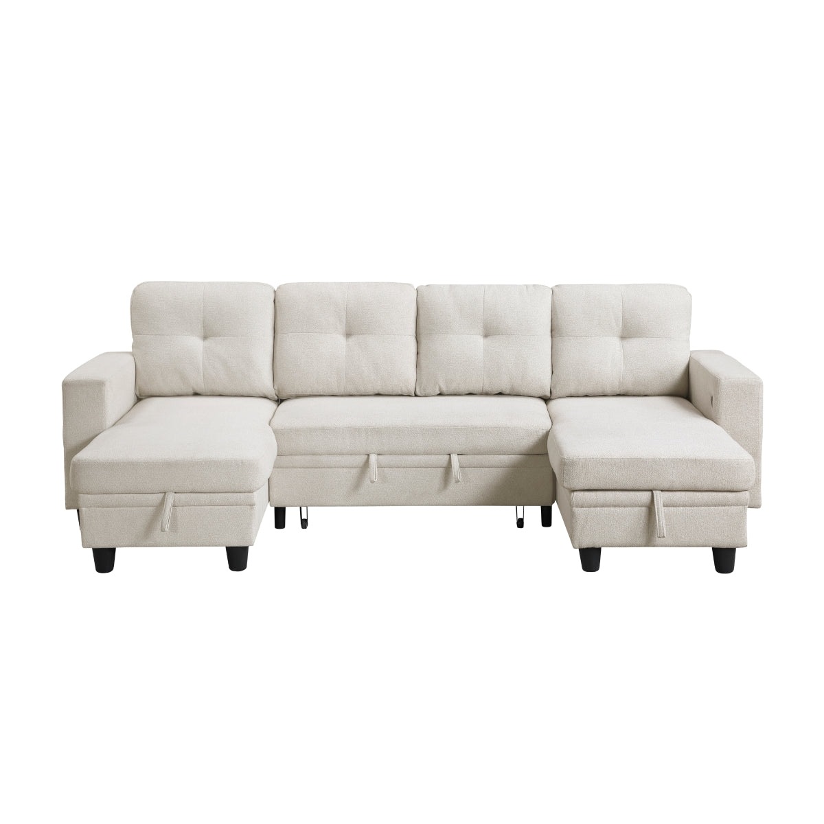 Beige boucle sectional sofa with pull-out bed, storage chaises, and built-in shelving