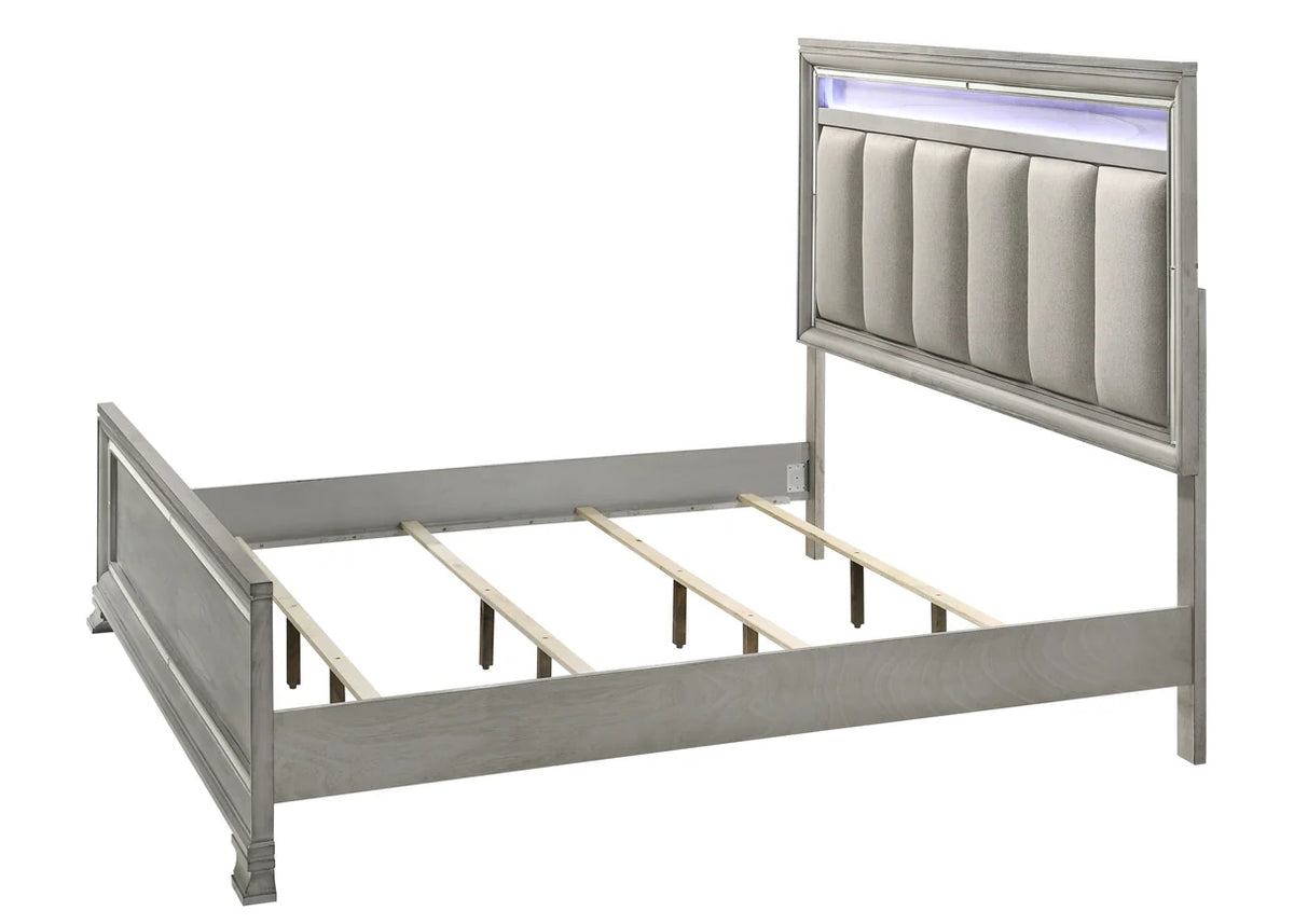 Vail grey upholstered LED bedroom set with mirrored trim including bed, dresser, mirror, and nightstand