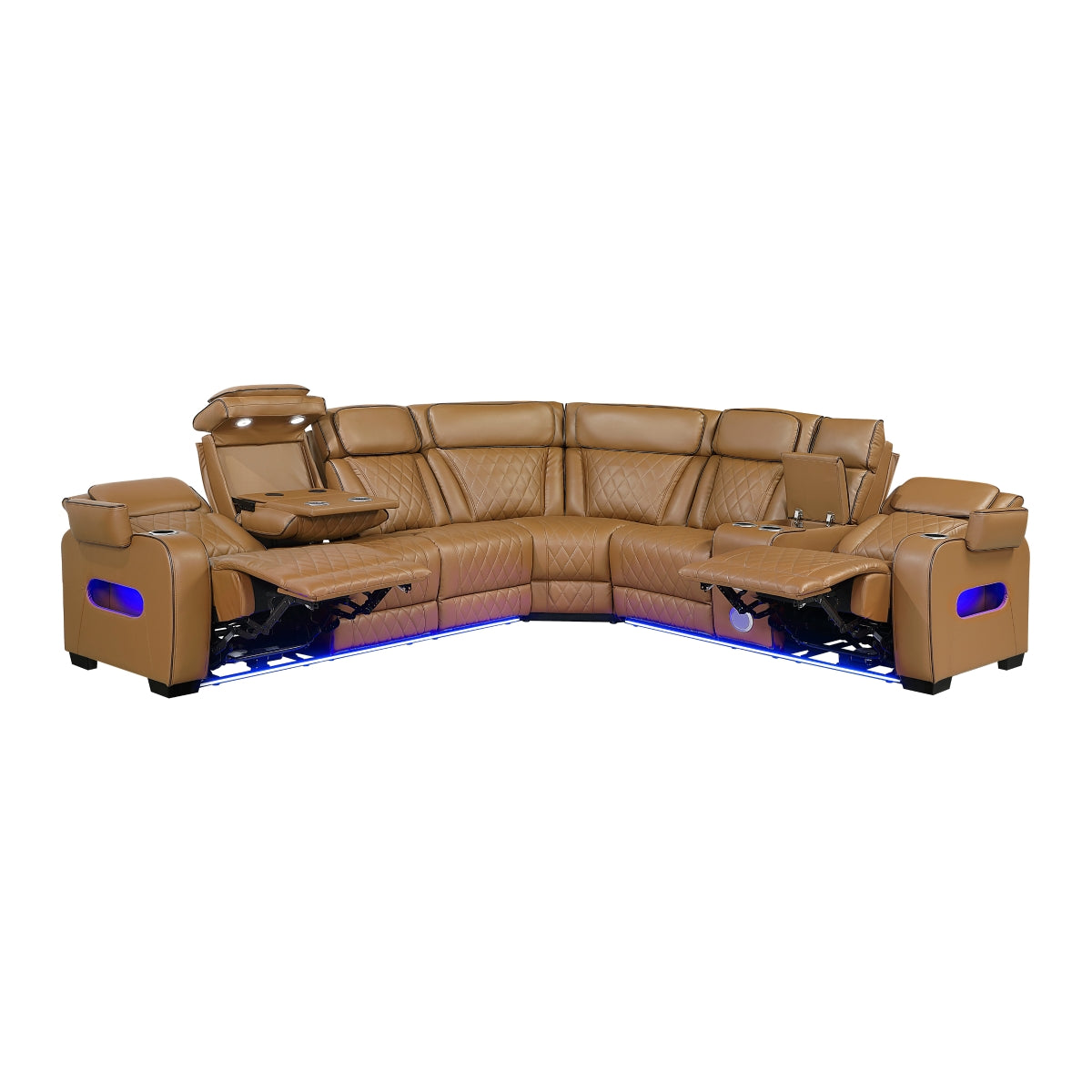 Brown faux leather power reclining sectional with side console and cup holders