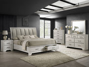 Jaymes upholstered storage bed with matching nightstand, chest, dresser, and mirror in a weathered finish
