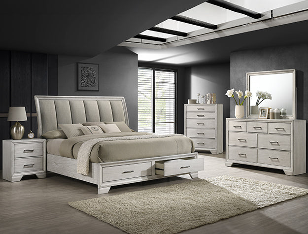 Jaymes upholstered storage bed with matching nightstand, chest, dresser, and mirror in a weathered finish