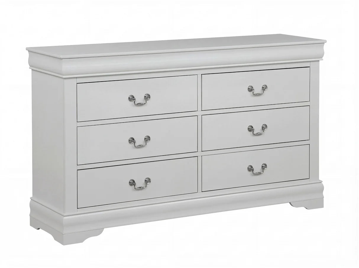 Louis white bedroom set with six-drawer dresser, beveled mirror, and two-drawer nightstand