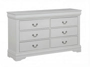 Louis white bedroom set with six-drawer dresser, beveled mirror, and two-drawer nightstand