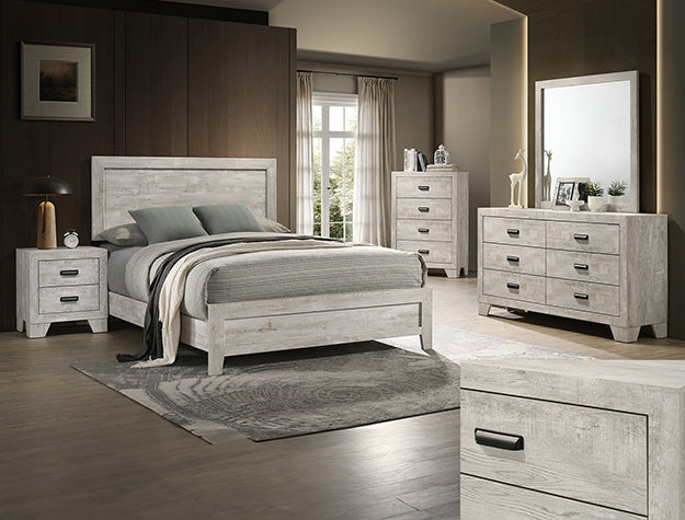 Millie whitewashed panel bed with matching nightstand and dresser in a bedroom setting