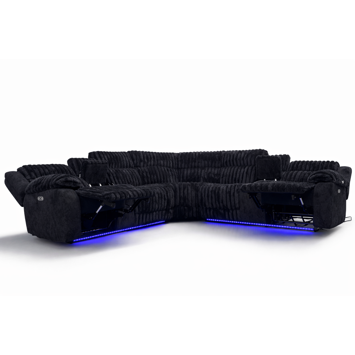 Black corduroy power reclining sectional sofa with LED lighting and built-in speakers
