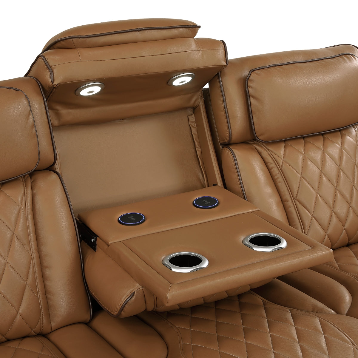Brown faux leather power reclining sectional with side console and cup holders