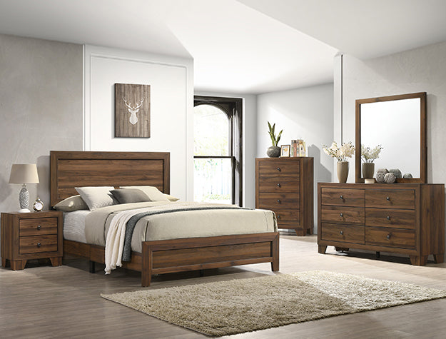 Millie brown cherry finish panel bed shown in a styled bedroom setting