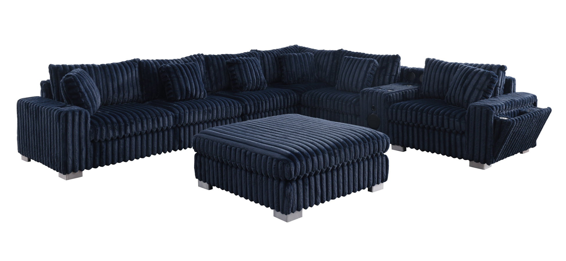 Blue textured sectional sofa with Bluetooth console, cupholders, and ottoman in a living room