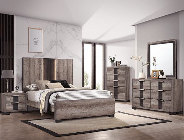 Rangley bed with tall grey-brown headboard shown with matching nightstand, dresser, chest, and mirror