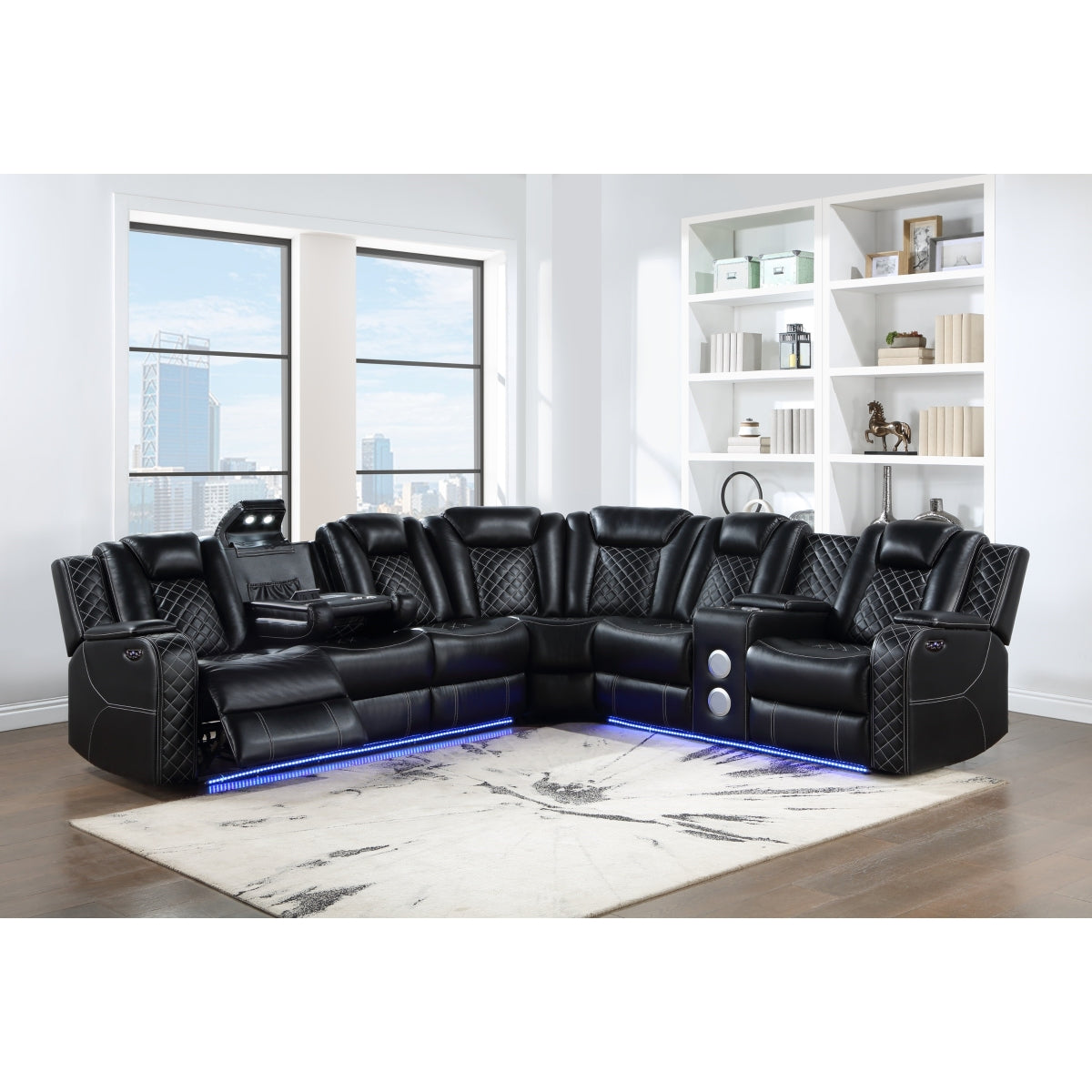 Black 3-piece reclining sectional sofa with LED accent lighting and diamond-stitched cushions