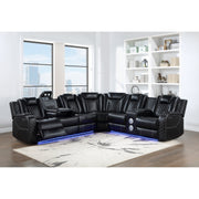 Black 3-piece reclining sectional sofa with LED accent lighting and diamond-stitched cushions