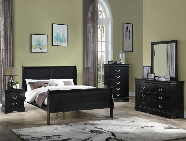 Louis black sleigh bed with curved headboard and footboard in a bedroom setting