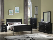 Louis black sleigh bed bedroom set with matching dresser, mirror, nightstand, and chest