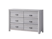 Adelaide grey wood bed frame with upholstered channel-tufted headboard and matching bedroom furniture