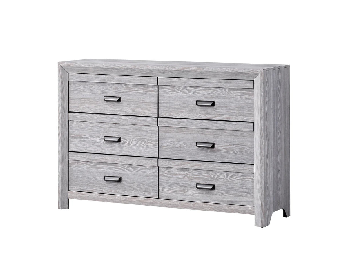 Adelaide grey wood bed frame with upholstered channel-tufted headboard and matching bedroom furniture