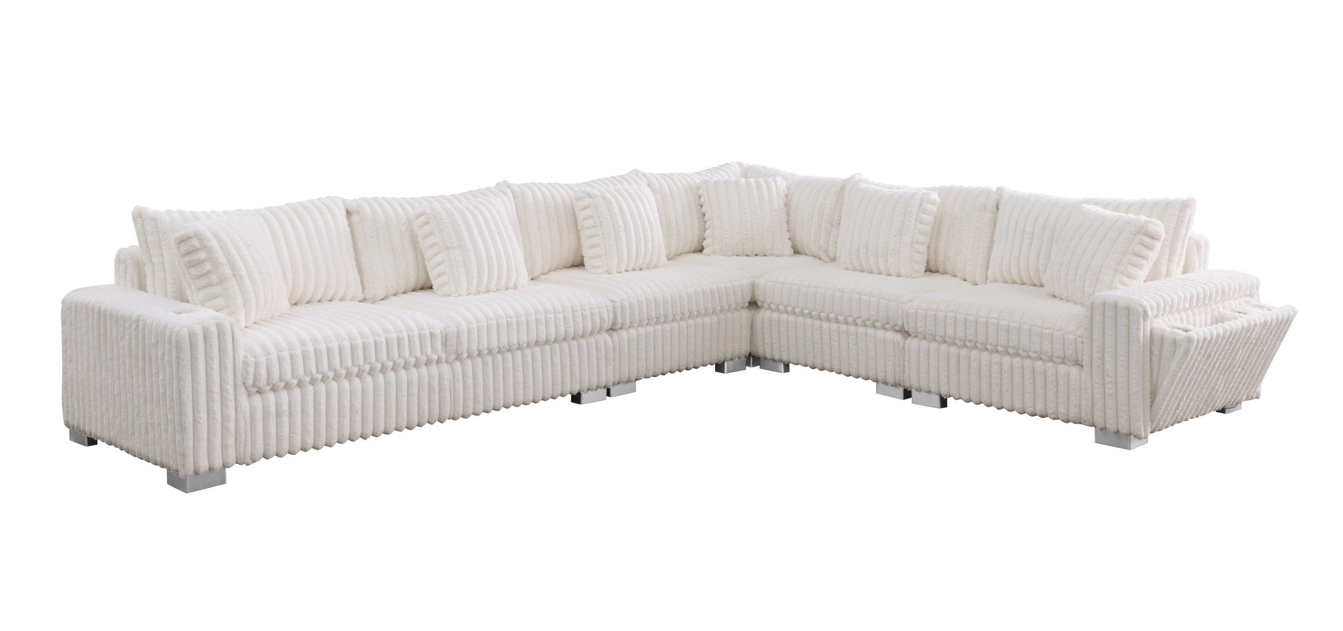 S329 Snuggle Station cream sectional with built-in tech console, Bluetooth speakers, and wireless charging in a living room setting