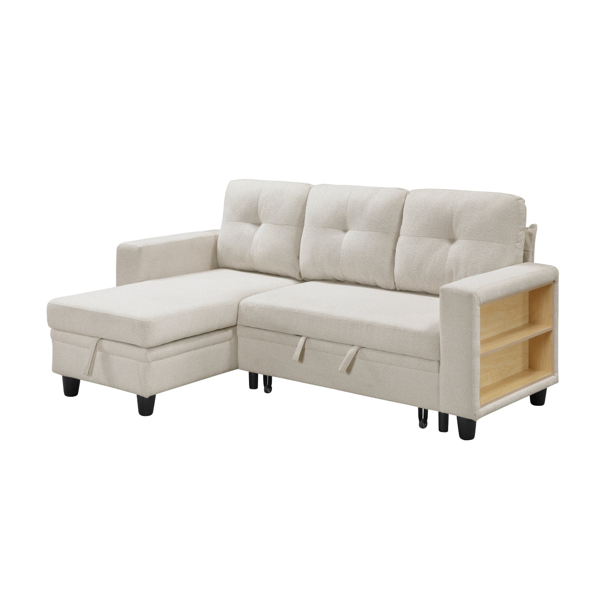 Beige boucle reversible sectional sofa with pull-out bed, storage chaise, side shelving and charging port