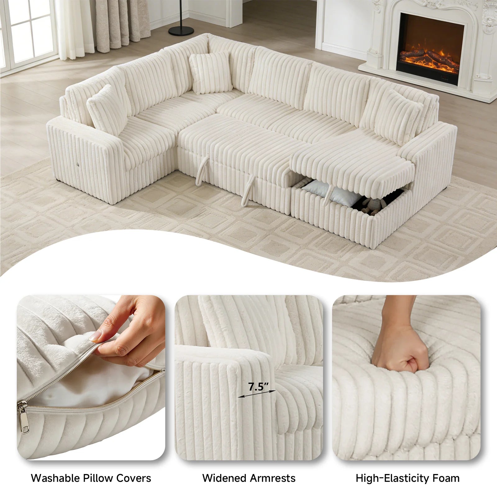 White strip soft fabric sectional sofa with pullout bed and hidden storage in modern living room