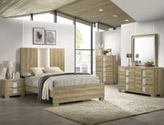 Rangley light oak bedroom set with LED tower headboard, nightstand, dresser, mirror, and chest