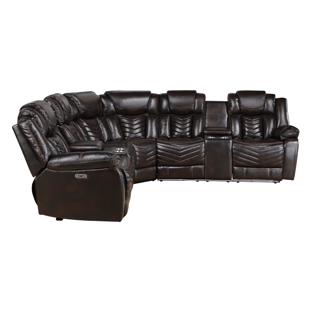 Dark brown faux leather power reclining sectional with LED lighting and consoles