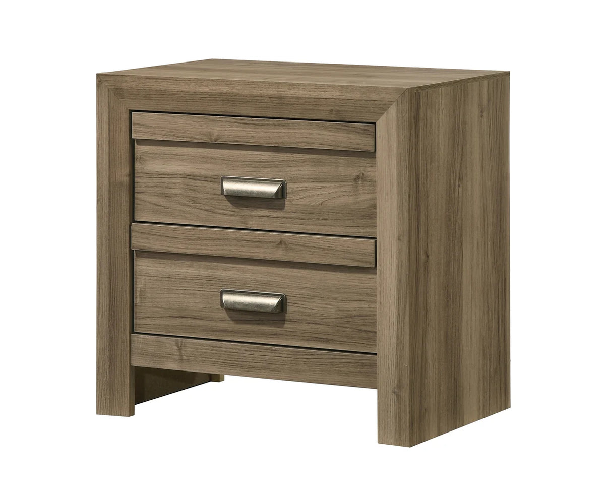 Valor bedroom set with chevron headboard bed, nightstand, dresser, mirror, and chest in a warm wood-tone finish
