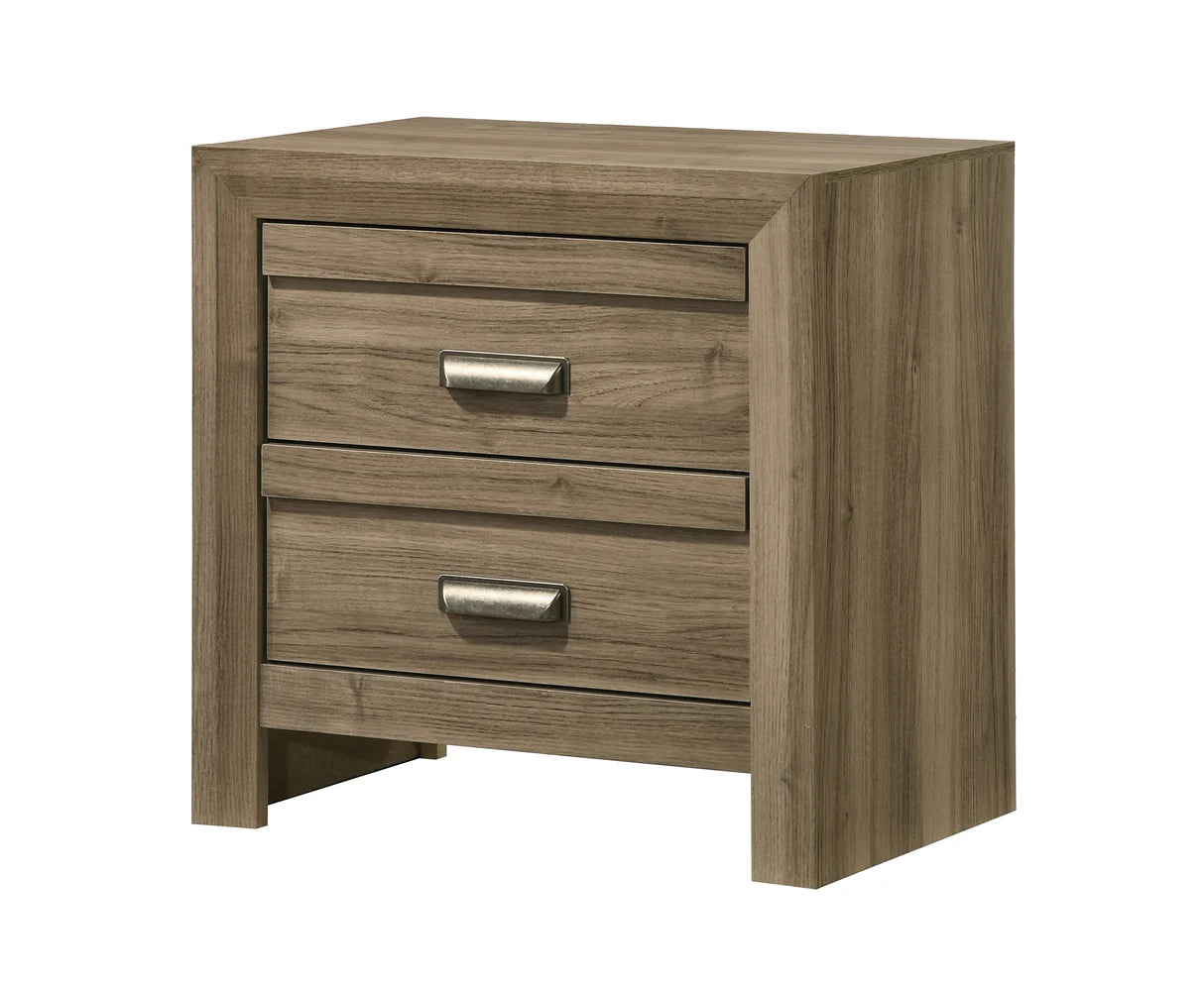Valor bedroom set with chevron headboard bed, nightstand, dresser, mirror, and chest in a warm wood-tone finish