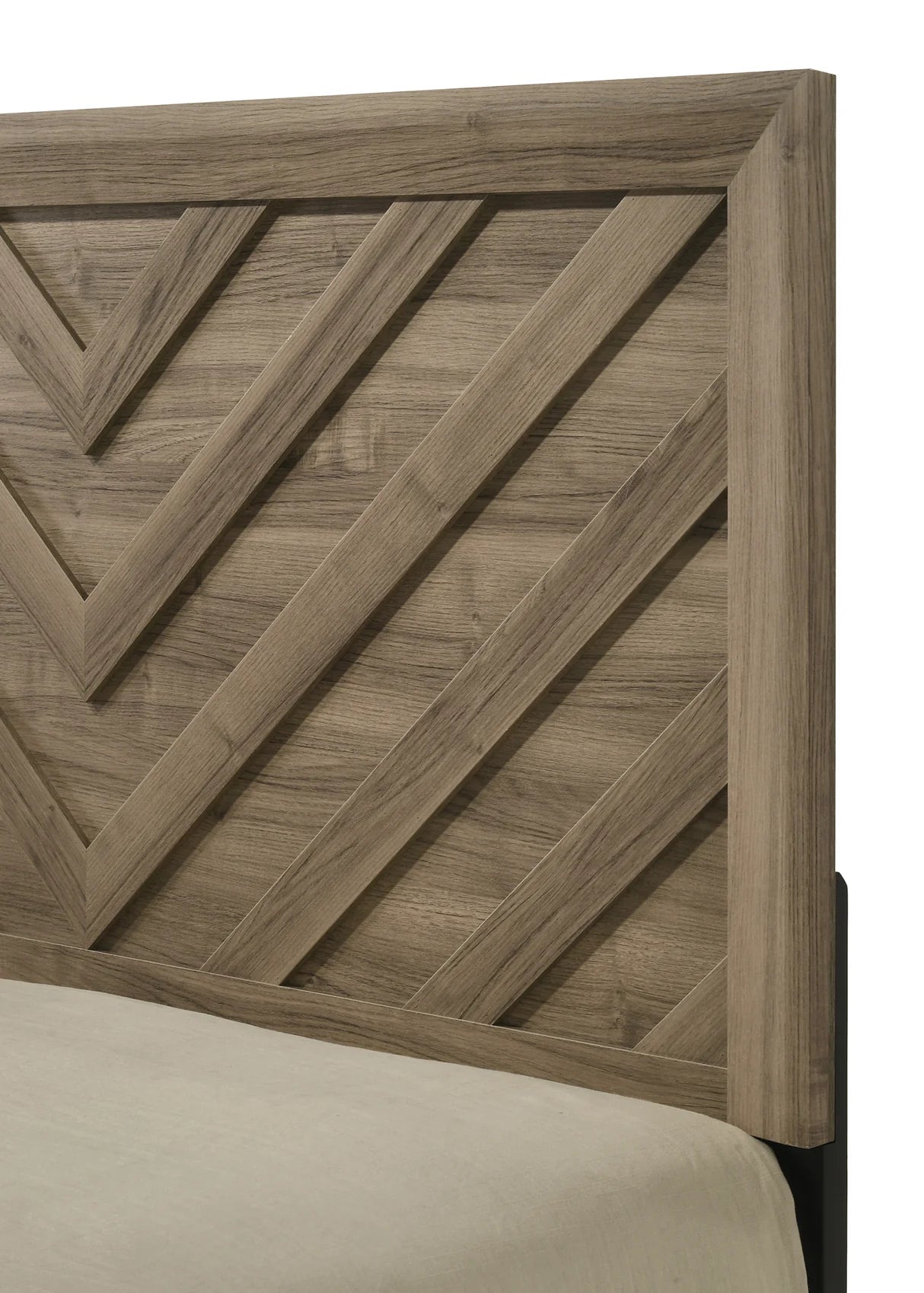 Valor bedroom set with chevron headboard bed, nightstand, dresser, mirror, and chest in a warm wood-tone finish