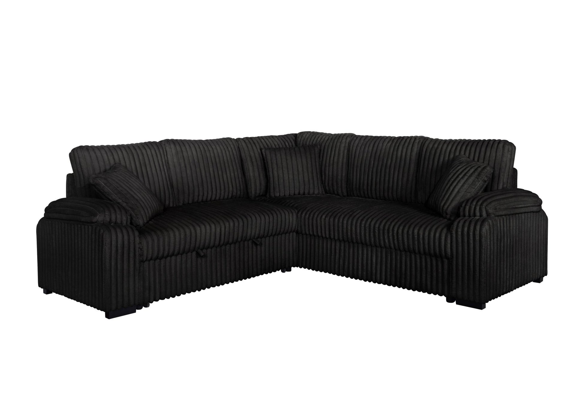 Black corduroy sectional sofa with pullout bed and matching pillows in modern living room