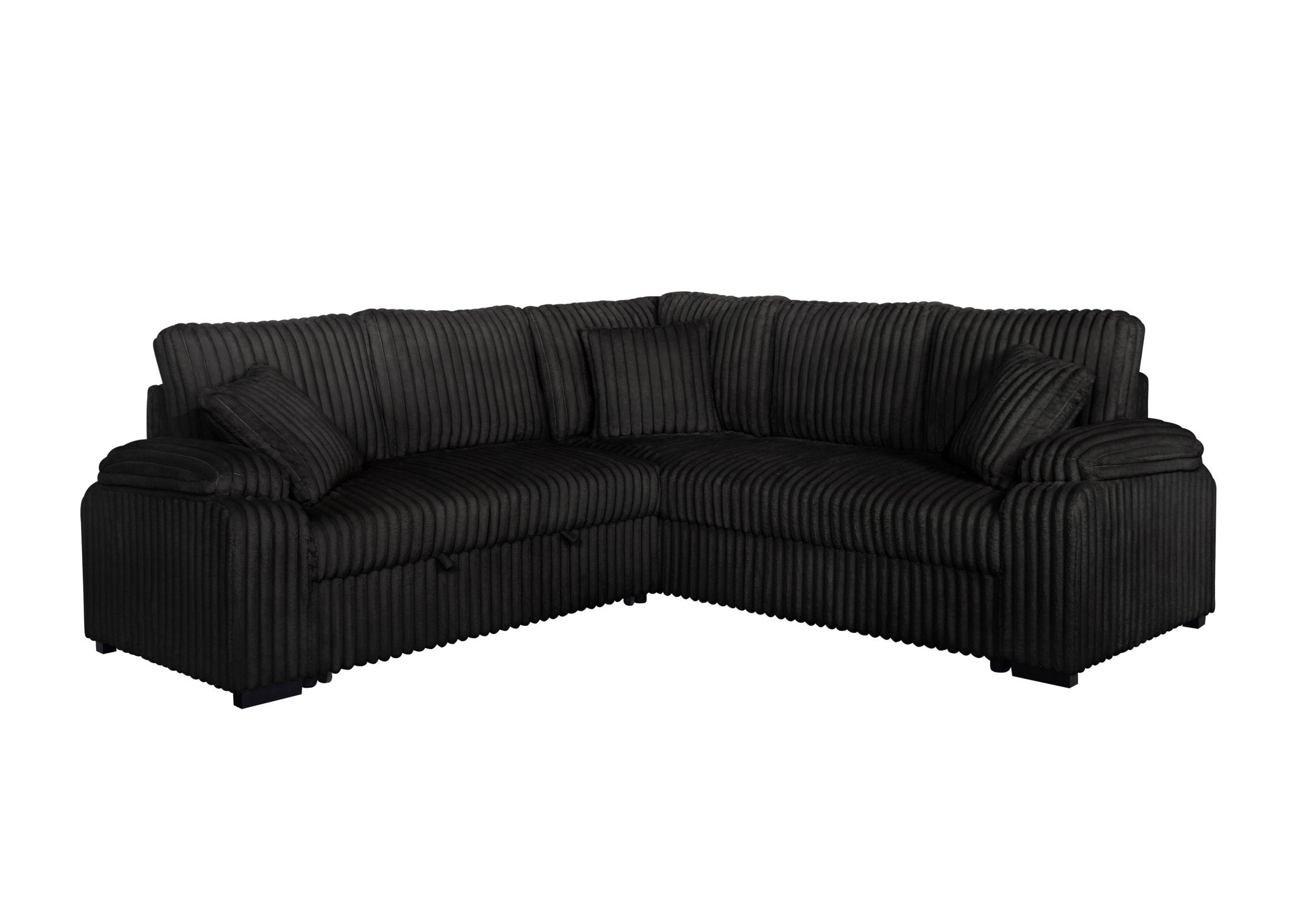 Black corduroy sectional sofa with pullout bed and matching pillows in modern living room