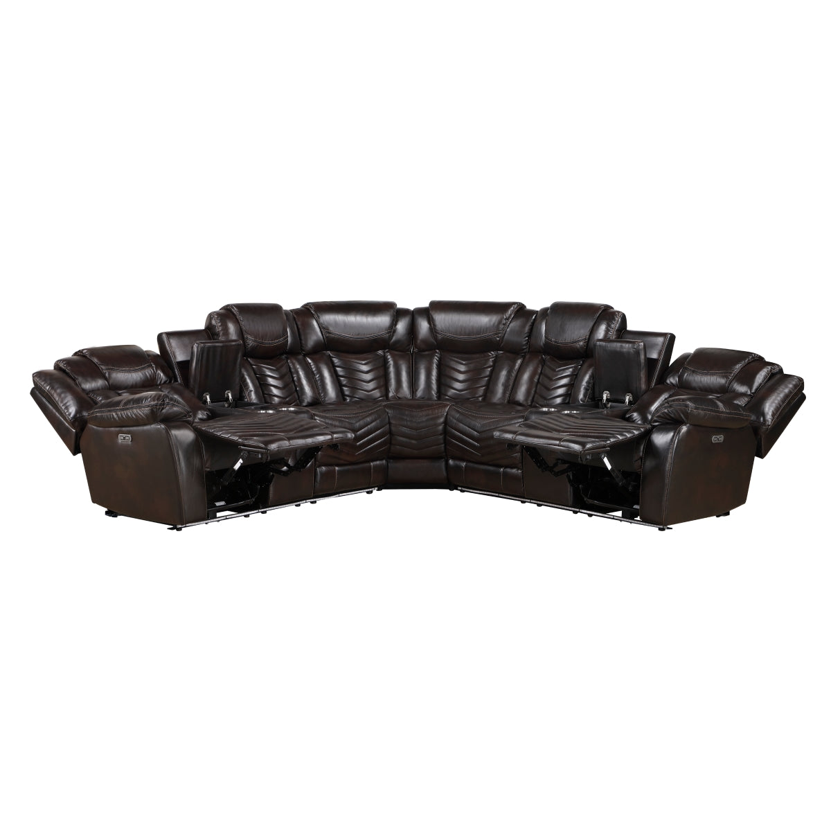 Dark brown faux leather power reclining sectional with LED lighting and consoles