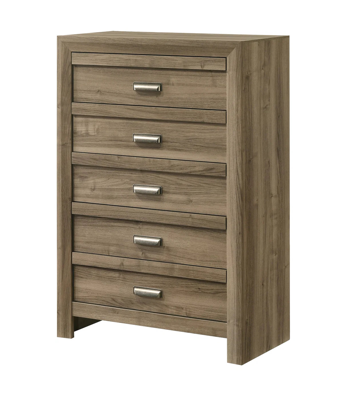 Valor bedroom set with chevron headboard bed, nightstand, dresser, mirror, and chest in a warm wood-tone finish