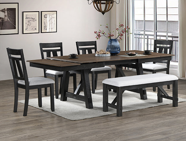 Maribelle upholstered dining bench in charcoal finish with matching dining set