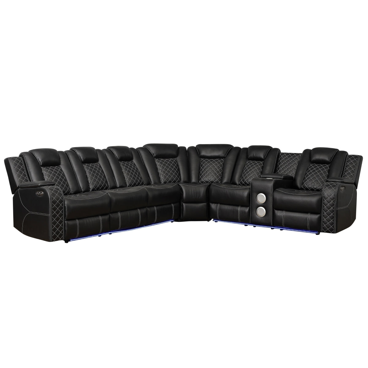 Black 3-piece reclining sectional sofa with LED accent lighting and diamond-stitched cushions