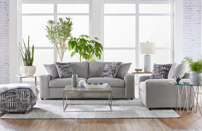 “Charcoal gray living room sofa and loveseat set with textured fabric and black-and-white accent pillows