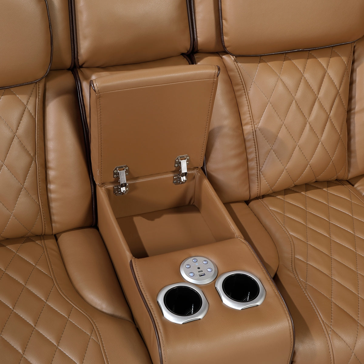 Brown faux leather power reclining sectional with side console and cup holders