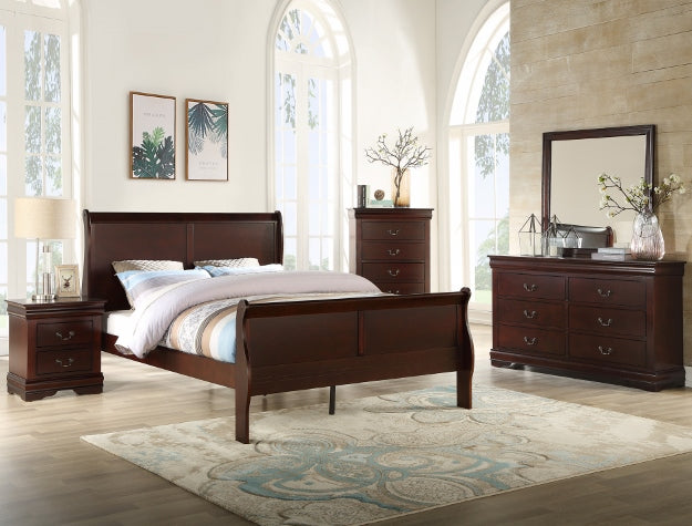 Louis cherry finish sleigy bed with curved headboard in a bedroom setting