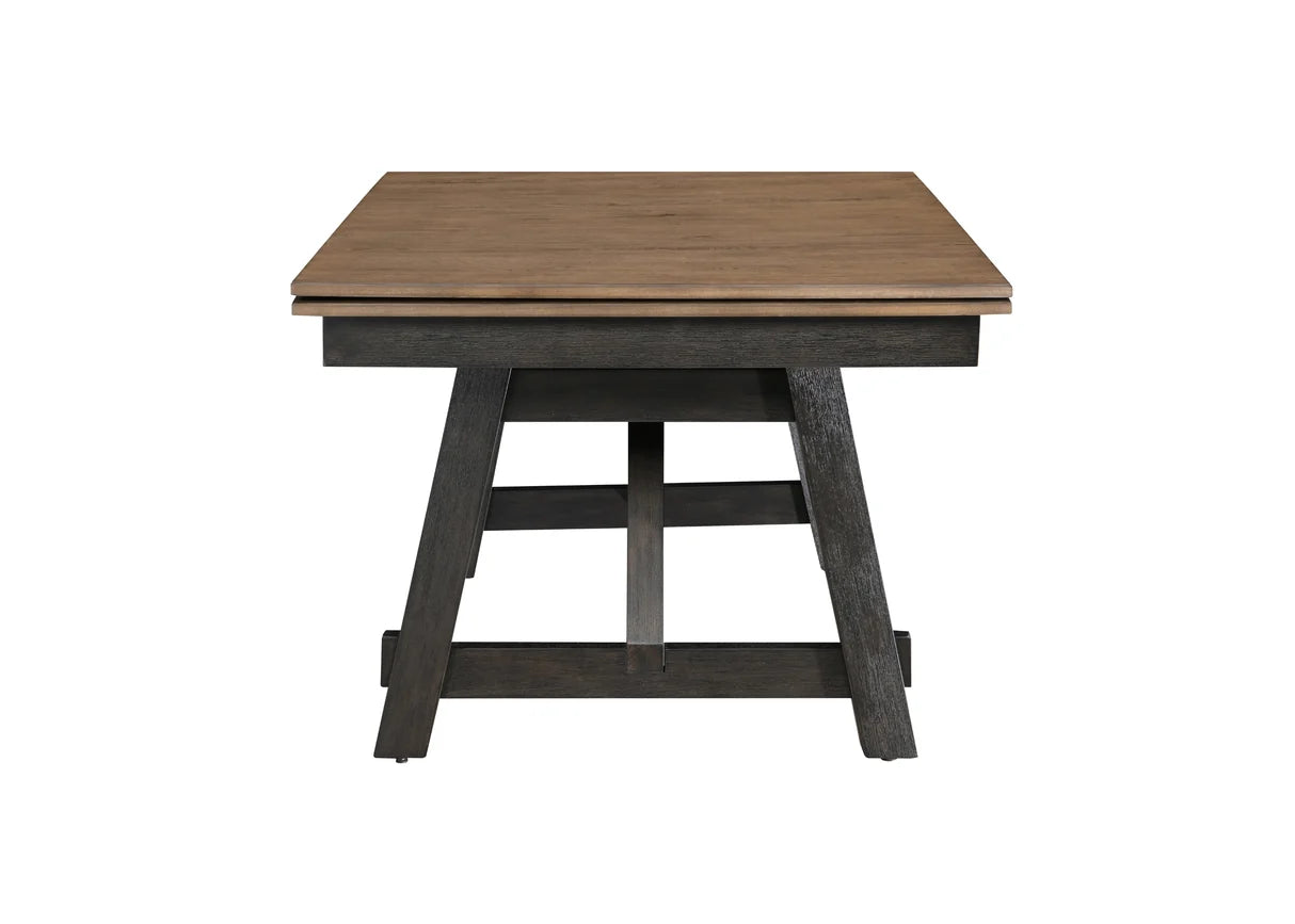 Maribelle two-tone trestle dining table with upholstered ladder-back chairs and bench