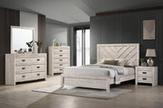 Valor whitewashed bedroom set with chevron headboard bed, dresser, mirror, nightstand, and chest