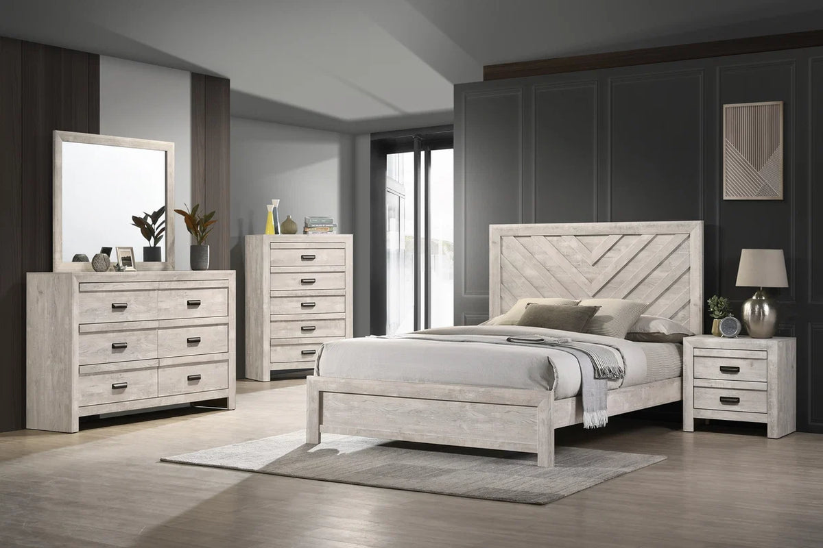 Valor whitewashed bedroom set with chevron headboard bed, dresser, mirror, nightstand, and chest