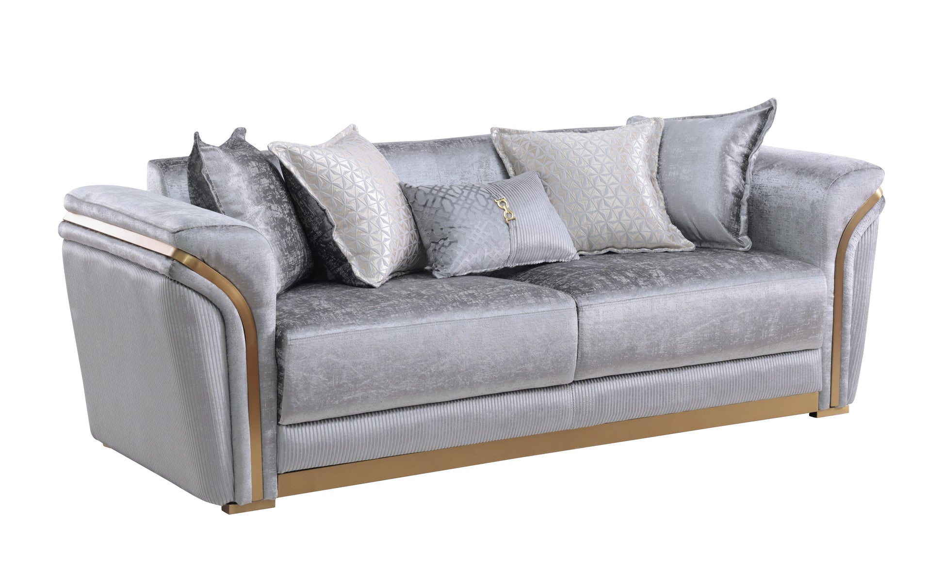 Torino Grey sofa, loveseat, and chair set with gold-tone trim in a modern living room