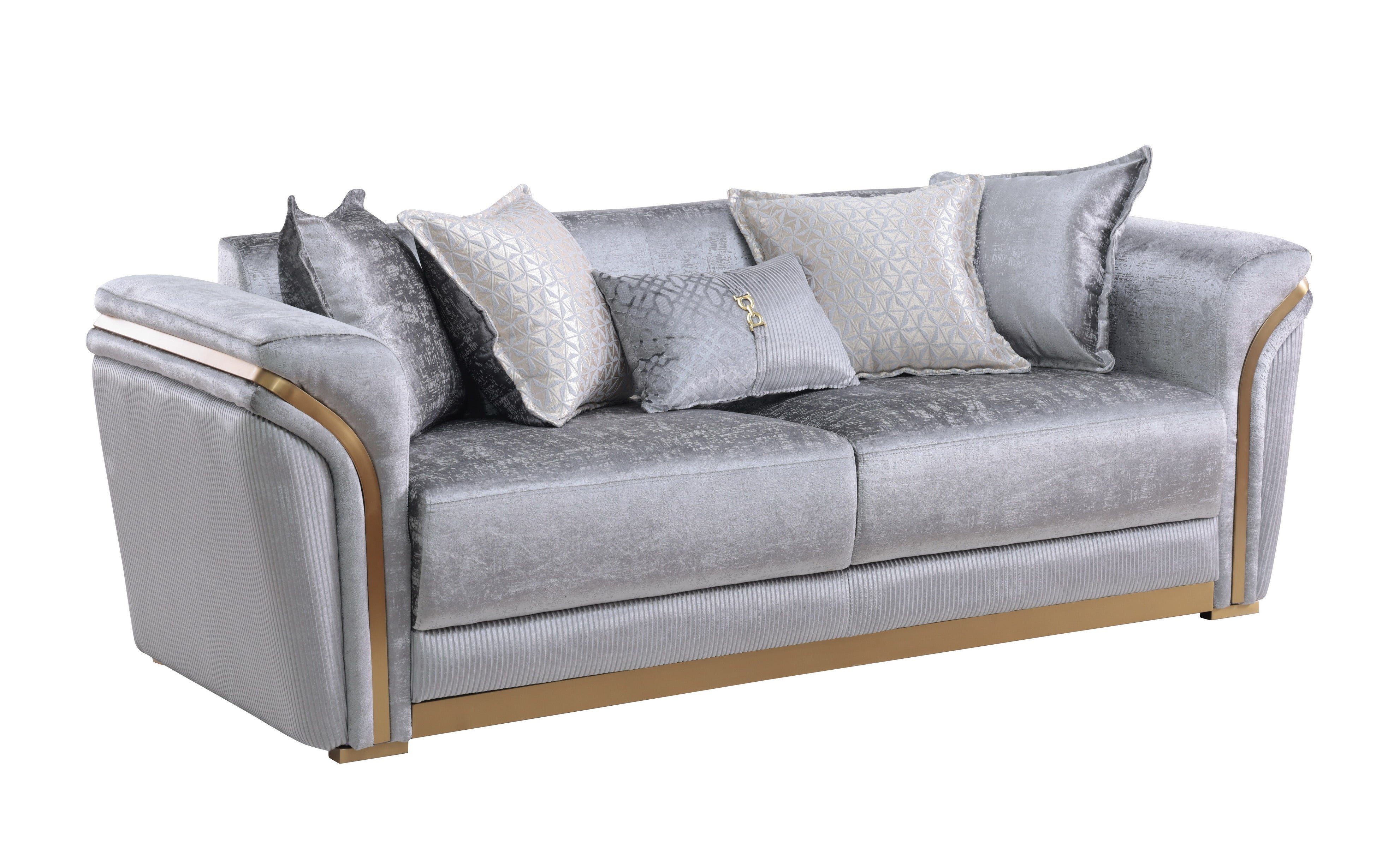 Torino Grey sofa, loveseat, and chair set with gold-tone trim in a modern living room