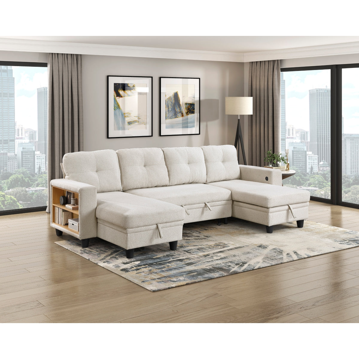 Beige boucle sectional sofa with pull-out bed, storage chaises, and built-in shelving